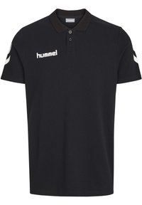 Svart polo skjorta med krage, treknappslås, vitt "hummel"-logga på bröstet och vita chevrons på ärmarna.