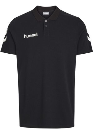 Sort polo skjorte med krave, tre-knaps placket, hvid "hummel" logo på brystet og hvide chevrons på ærmerne.