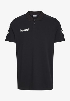 Sort polo skjorte med krave, tre-knaps placket, hvid "hummel" logo på brystet og hvide chevrons på ærmerne.