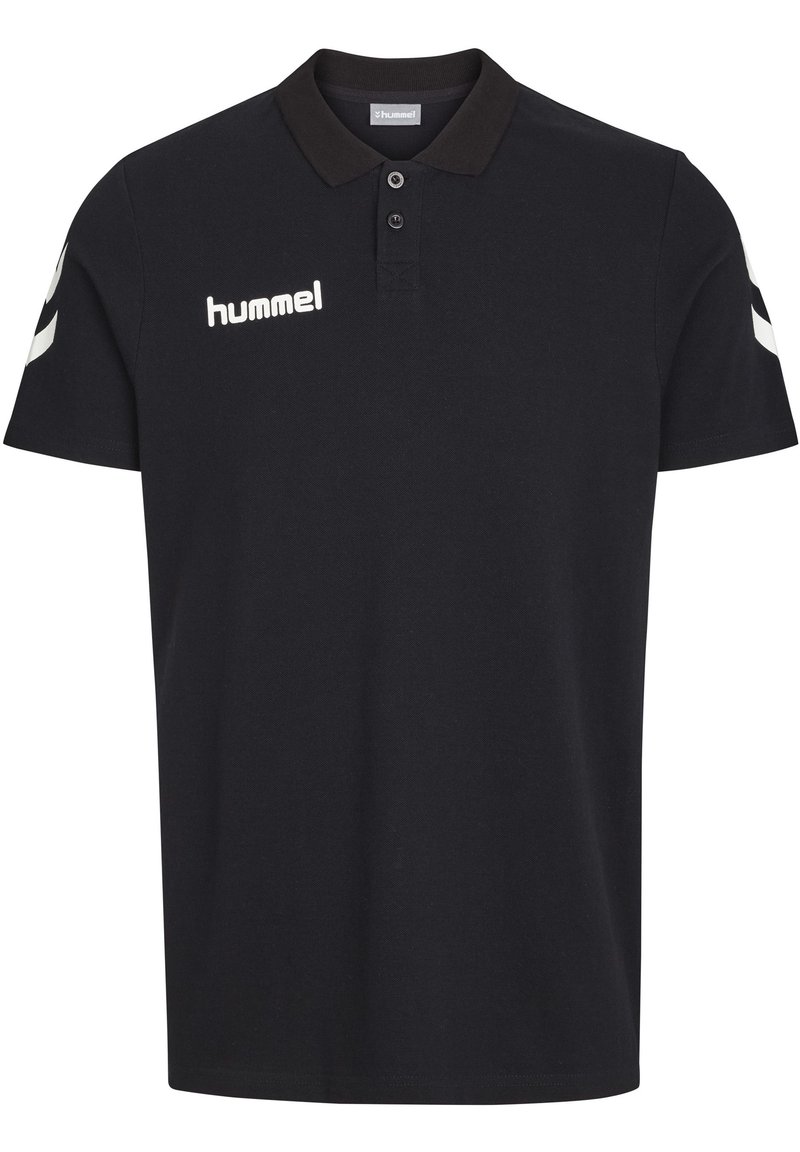 Svart polo skjorta med krage, treknappslås, vitt "hummel"-logga på bröstet och vita chevrons på ärmarna.