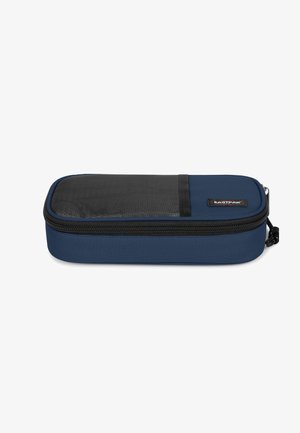 Blue fabric pencil case with a black mesh top panel, zippered closure, rectangular shape, and branded tag on the side.