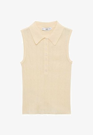 Light yellow sleeveless top with a polo collar, seven-button placket, and textured knit fabric. Simple design without additional embellishments.