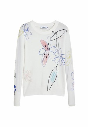 Witte gebreide trui met bloemontwerpen in roze, blauw en zwart. Het heeft een ronde halslijn en lange mouwen, met een geribde zoom.