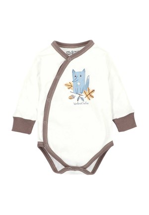 Weiße Babystrumpfhose mit langen Ärmeln und braunen Abschlüssen, mit einem Motiv eines blauen Cartoon-Fuchses und herbstlichen Blättern. Druckknopfverschlüsse an der Seite.