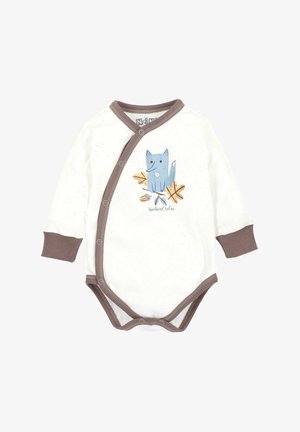 Couverture en blanc avec des manches longues pour bébé, bordée de marron, présentant un design de renard en cartoon bleu et de feuilles d'automne. Fermetures à pression sur le côté.