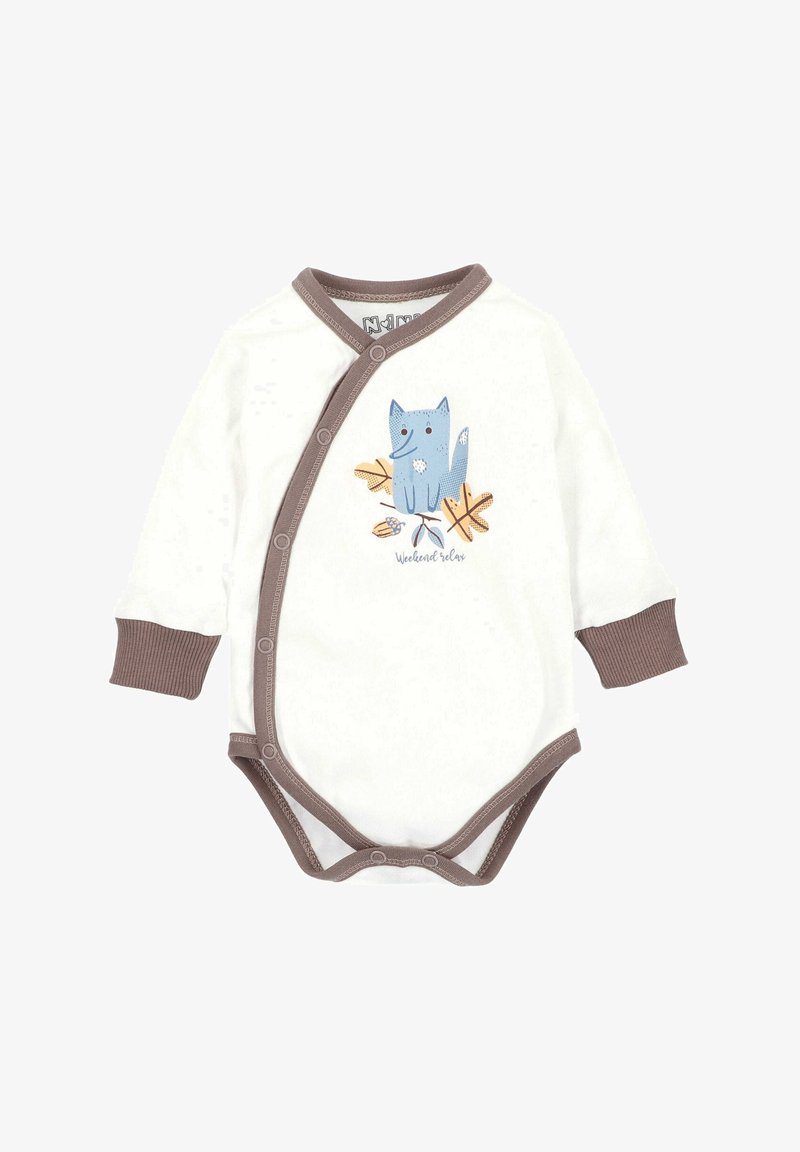 Biały body dla niemowląt z długim rękawem i brązowymi wykończeniami, z niebieskim, bajkowym lisem i wzorem jesiennych liści. Zapięcia na zatrzaski po bokach.
