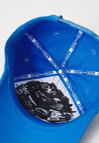 Blue baseball cap featuring a cotton exterior, contrasting black graphic print on the interior, and white stitching with "ReCap" branding.