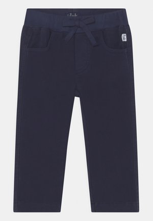 Navy blue toddler pants with elastic waistband and front drawstring, featuring two front pockets and a small side brand tag.