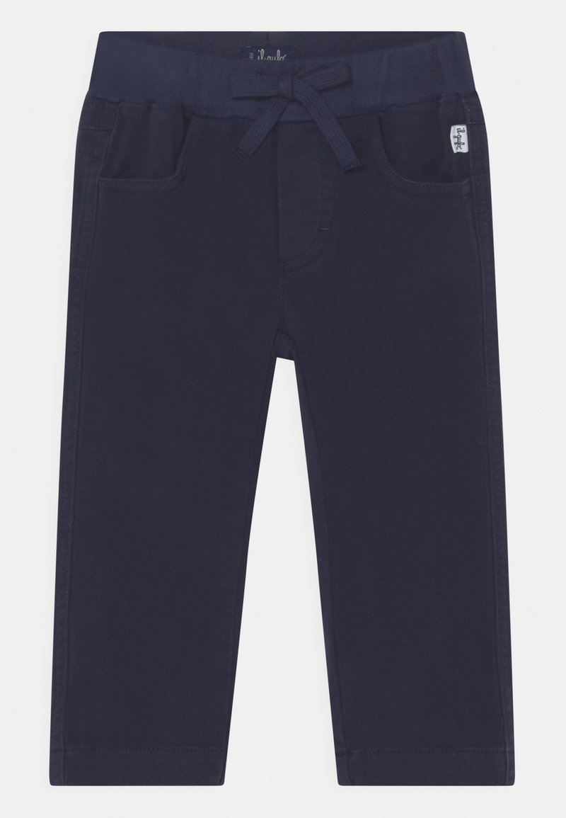 Pantalon pour tout-petit bleu marine avec taille élastique et cordon de serrage à l'avant, doté de deux poches avant et d'une petite étiquette de marque sur le côté.