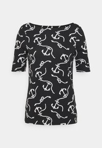 Svart kortärmad topp med ett mönster av vita ankare och rep, gjord av ett mjukt, stretchigt tyg med båturringning och figurnära passform.