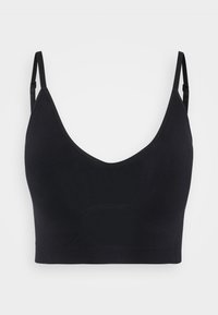 Čierny bezšvový bralet s V-výstrihom, nastaviteľnými ramienkami a elastickým pásom. Hladká textura bez viditeľného kovania alebo vzorov.