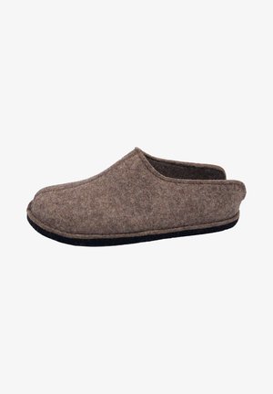 Felt slippers in brown with a slip-on design, rounded toe, and black rubber sole. Soft texture with stitched detailing around the edges.
