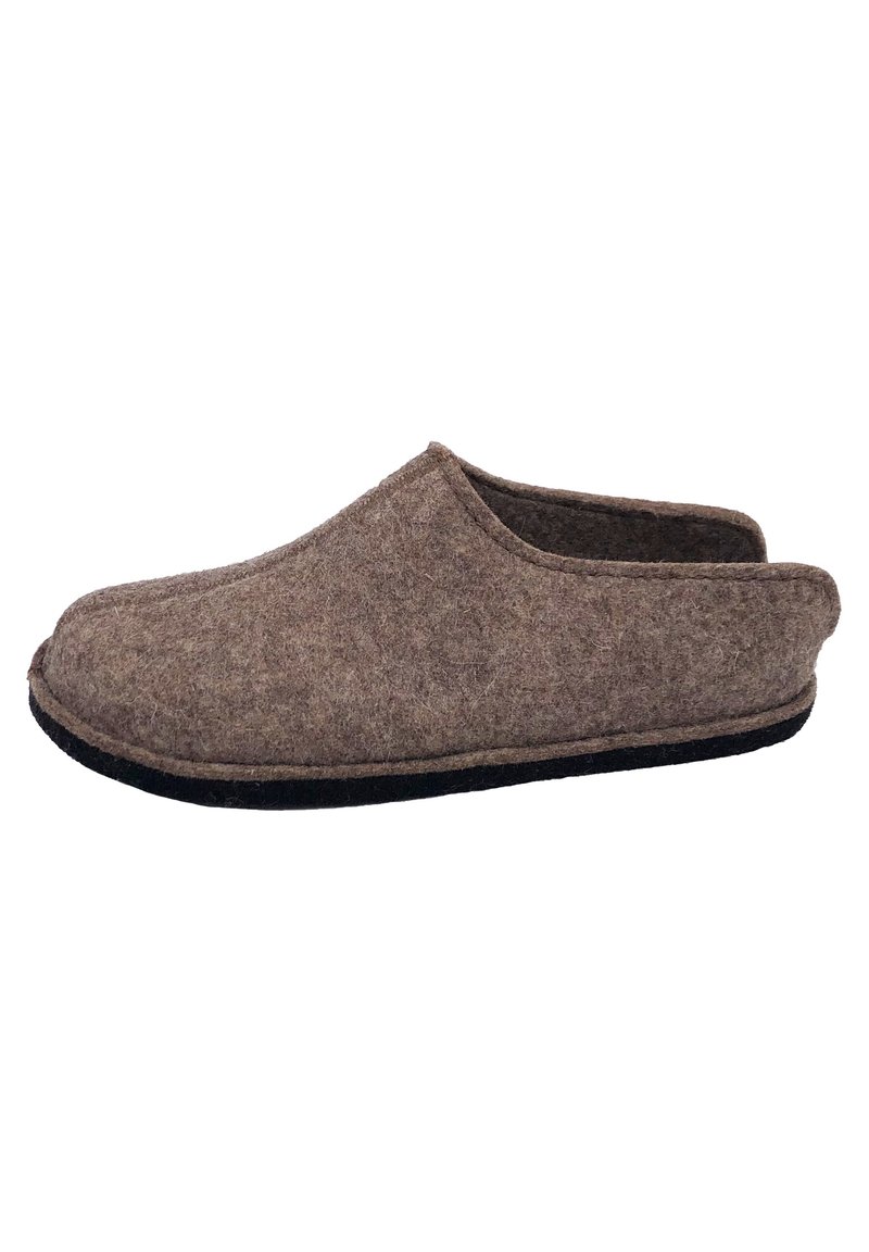 Pantofole in feltro marroni con design slip-on, punta rotonda e suola in gomma nera. Tessuto morbido con dettagli cuciti lungo i bordi.