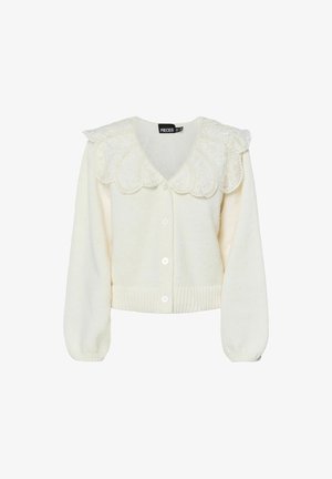 Cardigan en tricot blanc avec un col à volants, fermeture à boutons et ourlet côtelé. Texture douce et manches longues bouffantes.