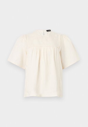 Kremo spalvos trumpomis rankovėmis palaidinė su aukštu kaklu, siuvinėjimu su skylutėmis viršutinėje krūtinės dalyje ir ant pečių bei laisvu, surinktų audinių apačioje po yoke.