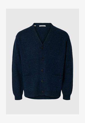 Marineblauwe wollen cardigan met V-hals, lange mouwen, zes zwarte knopen en twee voorzakken; getextureerde gebreide stof en een ontspannen pasvorm.
