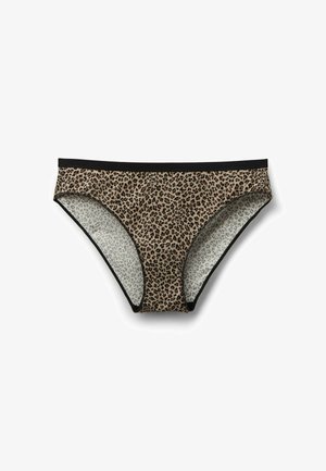 Braguita de bikini para mujer con estampado de leopardo y ribete negro sobre fondo blanco, vista en plano cenital.