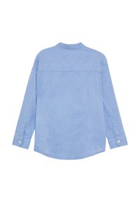 Lichtblauw langemouw overhemd van geweven stof, met een klassieke kraag, knoopmanchetten en een afgeronde zoom met twee zijnaad.