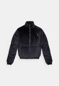 Giacca puffer nera in velluto, con colletto alto, chiusura frontale con zip e polsini elasticizzati. Presenta pannelli trapuntati e un piccolo accento con logo.