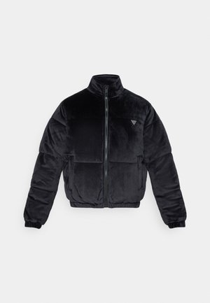 Veste doudoune noire en velours avec col montant, fermeture éclair à l'avant et poignets élastiques. Comprend des panneaux matelassés et un petit logo en accent.