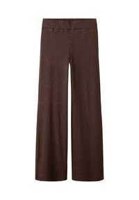Pruunid laiade säärtega püksid soonikkoes kangast, millel on tekstuuriga muster ja mugavust pakkuv elastne vöökoht.
