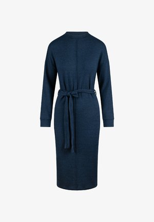 Knælang navy kjole med høj hals og lange ærmer. Har en bindebånd i taljen og et glat, struktureret stof.
