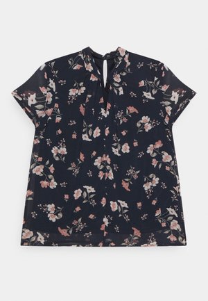 Marineblaue Bluse mit Blumenmuster aus leichtem Stoff. Verfügt über kurze Ärmel, einen Ausschnitt mit Schlüsselloch und rosa-weiße Blumenmuster überall.