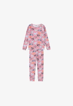 Set de pijamale roz, format dintr-o bluză cu mânecă lungă și pantaloni asortați, decorat cu ilustrații multicolore de animale pe un material moale.