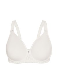 Weißer BH mit glatten, vorgeformten Cups und verstellbaren Trägern. Gemusterter Bund unter den Cups und kleines dekoratives Detail in der Mitte vorne.