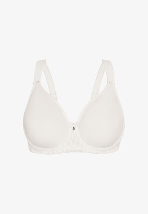 Weißer BH mit glatten, vorgeformten Cups und verstellbaren Trägern. Gemusterter Bund unter den Cups und kleines dekoratives Detail in der Mitte vorne.