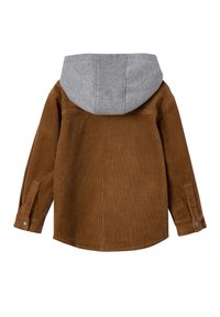 Braune Cordjacke mit langen Ärmeln und silbernen Druckknopfmanschetten, mit einer kontrastierenden grauen Kapuze, von hinten betrachtet.