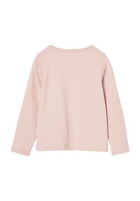 Helles rosa Langarmshirt mit rundem Ausschnitt und geradem Saum. Weicher Stoff mit minimaler Textur, ohne Muster oder Verzierungen.