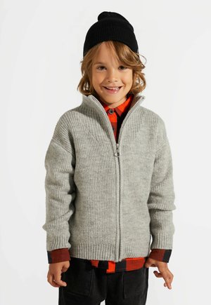 Szary prążkowany sweter na zamek z wysokim kołnierzem, noszony na pomarańczowo-czarnej koszuli w kratę. Dziecko ma na sobie czarną dzianinową czapkę.