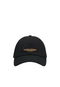Zwarte pet van katoen met een ronde vorm. Heeft een tan Aston Martin-logo dat op de voorkant is gestikt. Klassiek ontwerp met een gebogen klep.