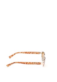 Hnědé želvovinové sluneční brýle se zlatými kovovými akcenty. Úhlový rám; texturované nožičky obsahují nenápadný detail loga.