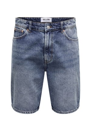 Denim shorts i lyseblå med en falmet finish, der har et standard fem-lomme design, metalknaplukning og syede detaljer.