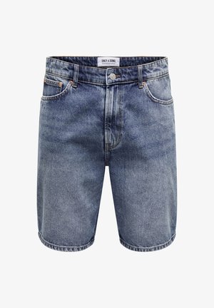 Denim shorts i lyseblå med en falmet finish, der har et standard fem-lomme design, metalknaplukning og syede detaljer.