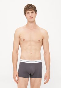 Graue Baumwoll-Boxershorts mit einem weißen Bund, der das Logo "TOMMY HILFIGER" trägt. Enganliegendes Design, glatte Textur, Oberschenkel-lange.