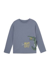 Gray long-sleeve shirt features a green crocodile graphic with a hamburger and the text "I'm HUNGRY" in yellow and white. Smooth cotton fabric.