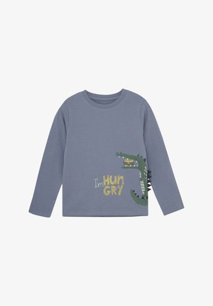 Grijs overhemd met lange mouwen heeft een groene krokodilafbeelding met een hamburger en de tekst "Ik heb HONGER" in geel en wit. Soepele katoen stof.