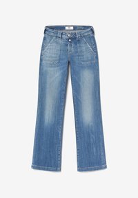 Light blue wide-leg jeans made of denim, featuring two front pockets, contrast stitching, and a button closure at the waist.