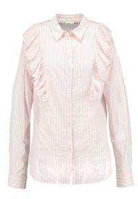 Camicia button-up rosa chiaro con strisce verticali bianche, con dettagli arricciati lungo la parte anteriore. Realizzata in un materiale leggero e morbido.