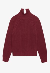 Burgunderfarbener Strickpullover mit hohem Kragen, Raglanärmeln und gerippten Bündchen sowie Saum. Texturiertes Material mit lockerem Schnitt.