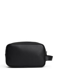Black rectangular toiletry bag made of smooth synthetic material with a top zipper and side handle for easy carrying.