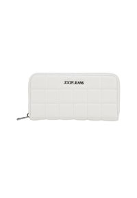 Portafoglio bianco con zip perimetrale, caratterizzato da una trama trapuntata e un logo in rilievo. Materiale sintetico liscio con accessori in metallo argentato.