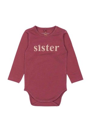 Long-sleeve bodysuit in maroon cotton with a round neckline and snap closure. Features the word "sister" in light beige across the front.