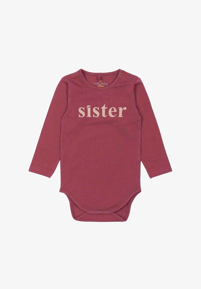 Long-sleeve bodysuit in maroon cotton with a round neckline and snap closure. Features the word "sister" in light beige across the front.
