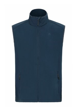 Námornícky modrá bezrukávová vesta s vysokým golierom, plným zipsom na prednej strane a dvoma bočnými zipsovými vreckami. Vyrobená z hladkej, ľahkej tkaniny.