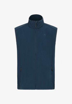 Navy blue sleeveless vest with a high collar, full front zipper, and two side zippered pockets. Made of smooth, lightweight fabric.