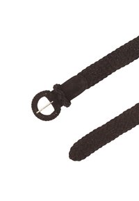 Dark brown braided leather belt with a round braided buckle and silver prong, shown against a white background.